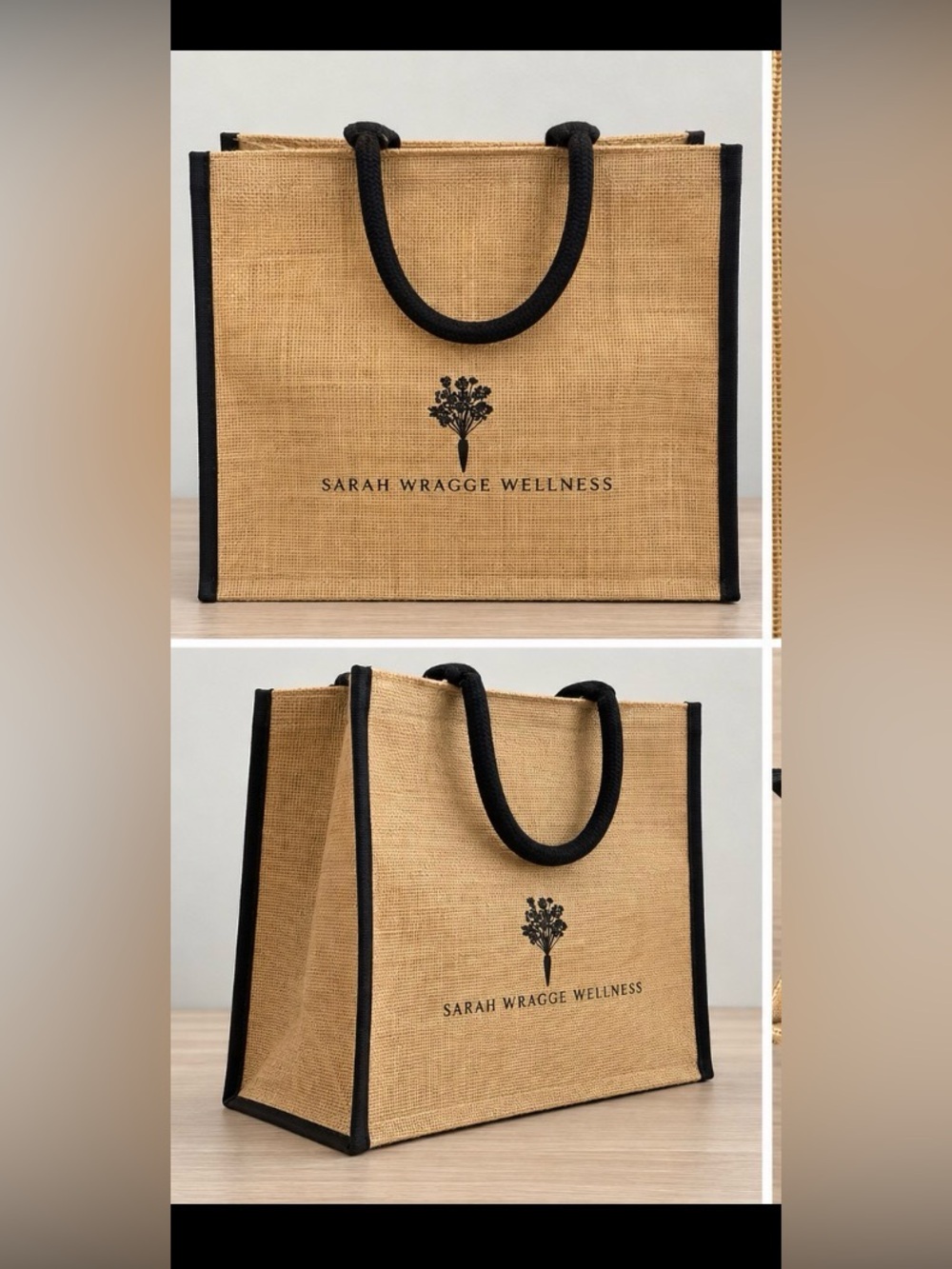 Sarah Wragge Wellness Tan Black Tote Bag Jute Style